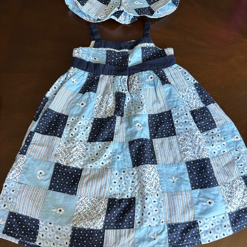 EUC Janie & Jack 2007 Blue Patchwork Dress & Matching‎ Hat Set, Size 2T - Picture 5 of 6